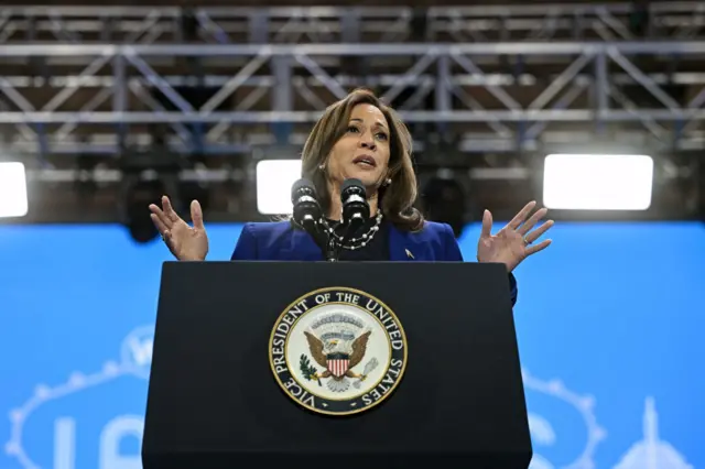 S Vice President and Democratic presidential candidate Kamala Harris speaks during a campaign rally at the Craig Ranch Amphitheater in Las Vegas