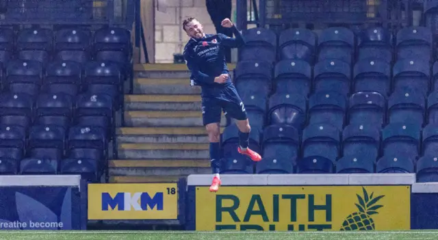 KIRKCALDY, SCOTLAND - NOVEMBER 01: Raith Rovers' Lewis Jamieson celebrates after scoring to make it 1-0 during a William Hill Championship match between Raith Rovers and Ayr United at Stark's Park, on November 01, 2024, in Kirkcaldy, Scotland. (Photo by Ross Parker / SNS Group)