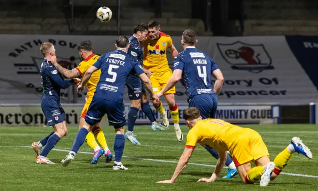 KIRKCALDY, SCOTLAND - NOVEMBER 01: Ayr's Mark McKenzie heads the ball towards the target during a William Hill Championship match between Raith Rovers and Ayr United at Stark's Park, on November 01, 2024, in Kirkcaldy, Scotland. (Photo by Ross Parker / SNS Group)