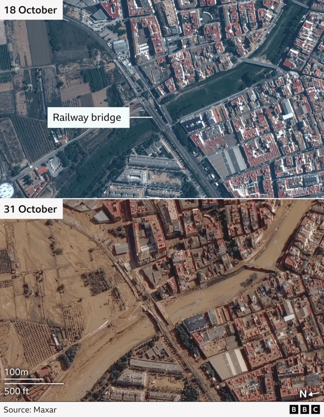 Satellite images of a bridge taken before and after flooding in Valencia. The bottom image (after) shows roads and streets covered in mud