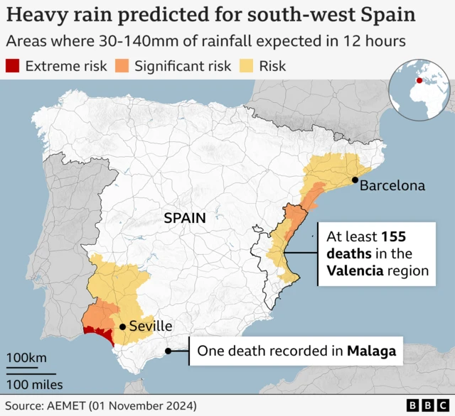 Map shows warnings for rain in south-west Spain