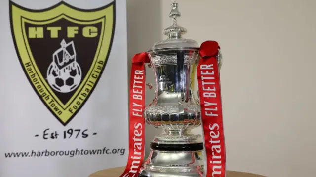 The FA Cup trophy at Harborough Town