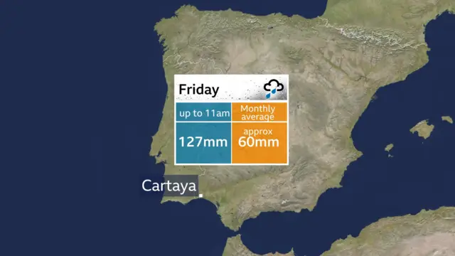 Weather map shows torrential rain in south-west Spain