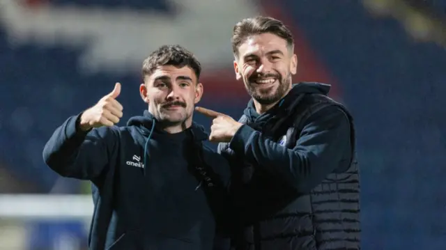 KIRKCALDY, SCOTLAND - NOVEMBER 01: Ayr's Nick McAllister and George Oakley during a William Hill Championship match between Raith Rovers and Ayr United at Stark's Park, on November 01, 2024, in Kirkcaldy, Scotland. (Photo by Ross Parker / SNS Group)