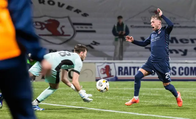 KIRKCALDY, SCOTLAND - NOVEMBER 01: Raith Rovers' Lewis Jamieson misses a chance during a William Hill Championship match between Raith Rovers and Ayr United at Stark's Park, on November 01, 2024, in Kirkcaldy, Scotland. (Photo by Ross Parker / SNS Group)