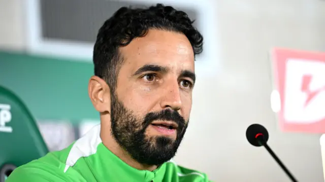 Sporting coach Ruben Amorim speaking at a news conference