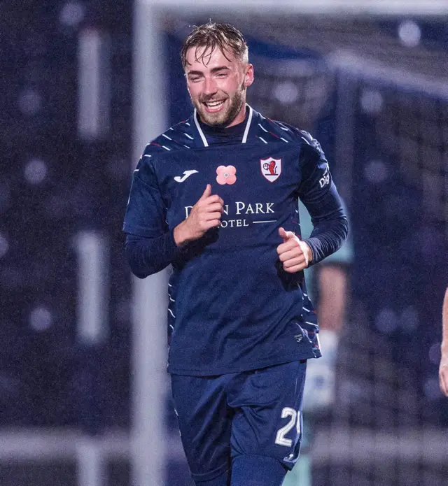 KIRKCALDY, SCOTLAND - NOVEMBER 01: Raith Rovers' Lewis Jamieson celebrates after scoring to make it 1-0 during a William Hill Championship match between Raith Rovers and Ayr United at Stark's Park, on November 01, 2024, in Kirkcaldy, Scotland. (Photo by Ross Parker / SNS Group)