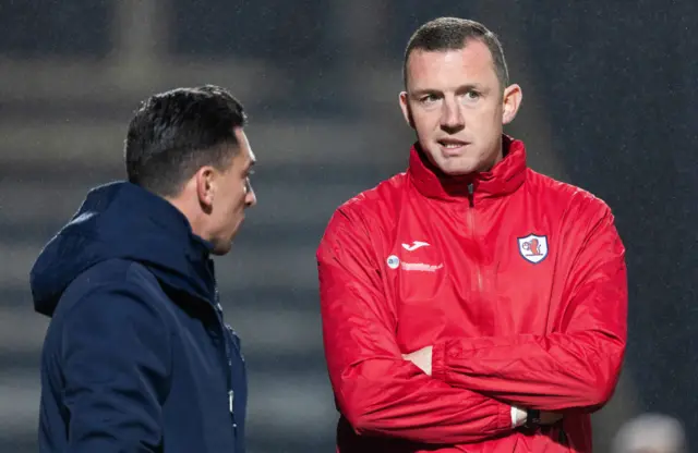 KIRKCALDY, SCOTLAND - NOVEMBER 01: Raith Rovers manager Neill Collins speaks to Ayr manager Scott Brown during a William Hill Championship match between Raith Rovers and Ayr United at Stark's Park, on November 01, 2024, in Kirkcaldy, Scotland. (Photo by Ross Parker / SNS Group)