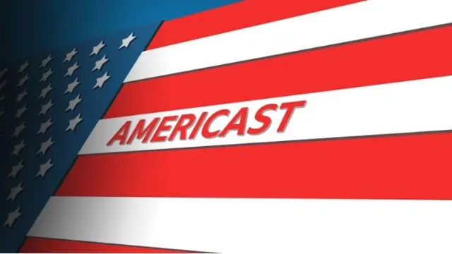 Americast flag graphic in red, white and blue