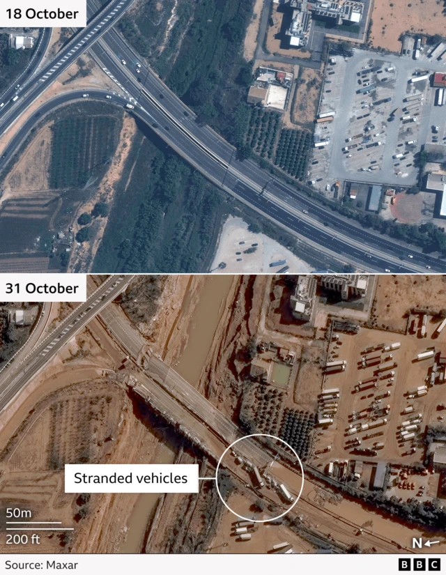 Satellite images of a bridge and vehicles taken before and after flooding in Valencia. The bottom image (after) shows roads and streets covered in mud