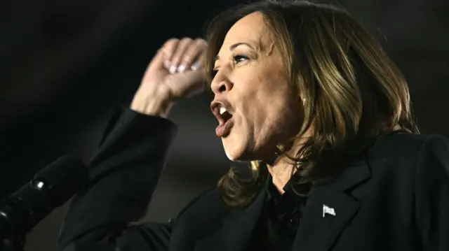 Kamala Harris holds a fist as she rallies in Wisconsin