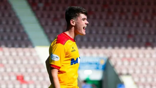 DUNFERMLINE, SCOTLAND - AUGUST 31: Ayr's Dylan Watret celebrates scoring to make it 1-1 during a William Hill Championship match between Dunfermline Athletic and Ayr United at KDM Group at East End Park, on August 31, 2024, in Dunfermline, Scotland. (Photo by Ewan Bootman / SNS Group)