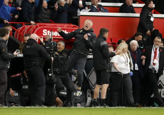 Sheffield United manager Chris Wilder celebrates at the final whistle