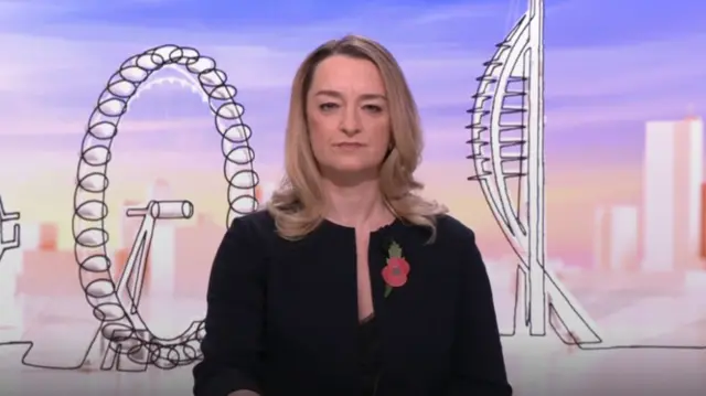 Laura Kuenssberg in black collarless jacket and black blouse. She is wearing poppy pin on the left side of her jacket. Behind her is an illustrated background in pastel tones with black and white drawing of the London Eye