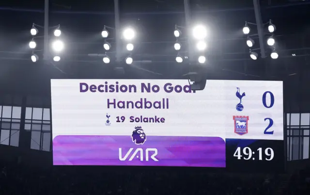 VAR screen showing Solanke's disallowed goal