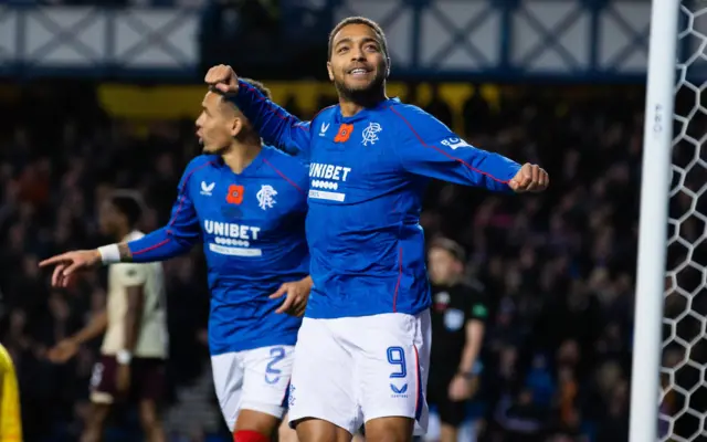 Cyriel Dessers celebrates his 10th goal of the season