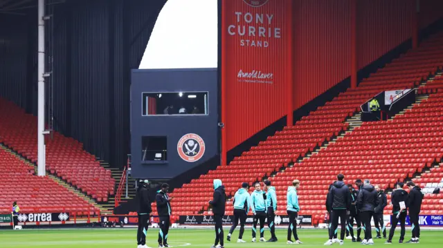 Sheffield Wednesday players on the pitch at Bramall Lane ahead of the match