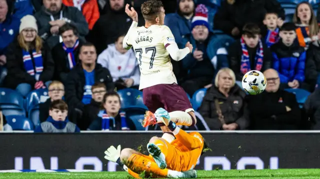 Rangers' Jack Butland comes out to challenge Hearts' Kenneth Vargas