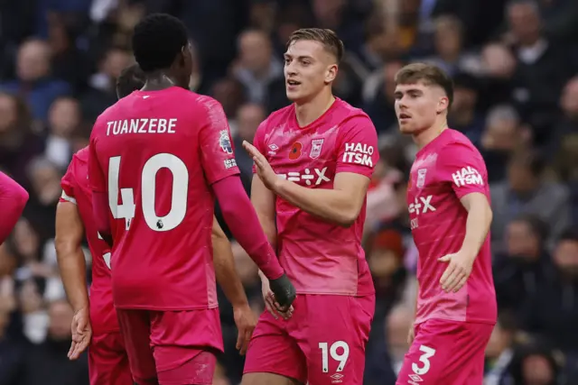 Ipswich players celebrate after going 2-0 up against Spurs