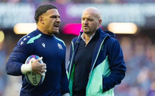 Scotland head coach Gregor Townsend and Sione Tuipulotu during The Famous Grouse Nations Series match between Scotland and South Africa at Scottish Gas Murrayfield, on November 10, 2024, in Edinburgh