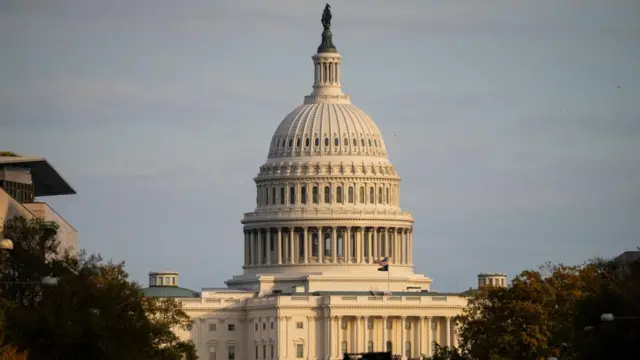 The Capitol Building - a large, white domed structure - is seen in the daylight, with trees in front of it and an American flag flying in the front part of the lawn.