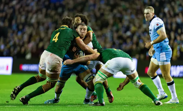 Scotland's Matt Fagerson is tackled during The Famous Grouse Nations Series match between Scotland and South Africa at Scottish Gas Murrayfield,