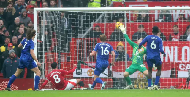 Bruno Fernandes scores his second goal against Leicester