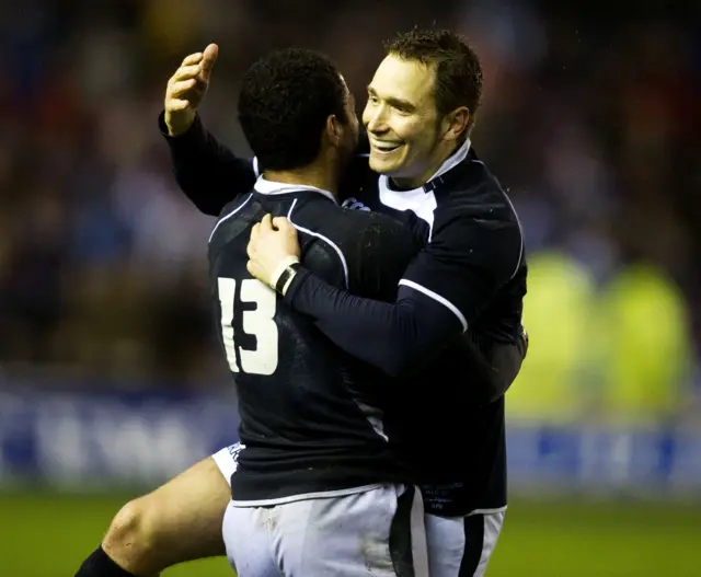 Dan Parks (right) celebrates with Scotland debutant Joe Ansbro after victory against South Africa