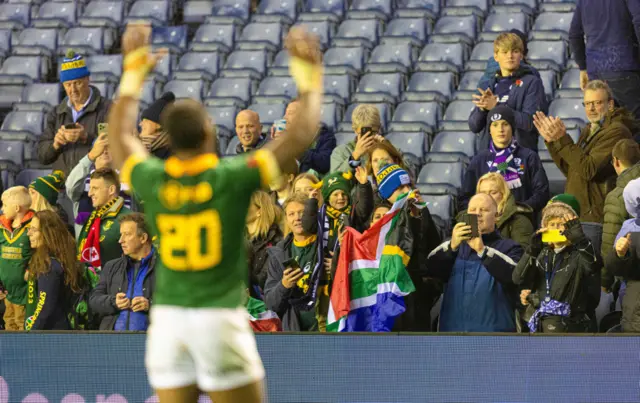 South Africa's Siya Kolisi waves to fans at full time during The Famous Grouse Nations Series match between Scotland and South Africa at Scottish Gas Murrayfield,