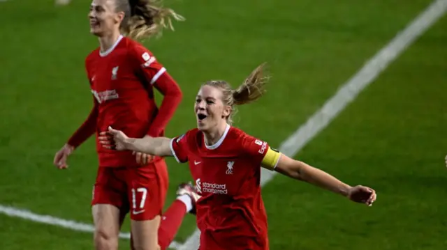 Gemma Bonner (23) of Liverpool celebrates scoring Liverpool's fourth goal