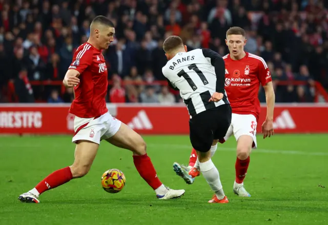 Harvey Barnes scores Newcastle's third goal against Nottingham Forest