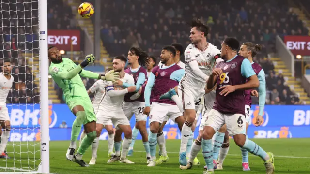 Lawrence Vigouroux of Swansea City saves a corner from going in