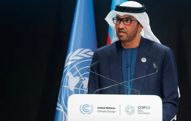 Sultan al-Jaber, COP28 President, speaks at the United Nations climate change conference COP29 opening in Baku, Azerbaijan