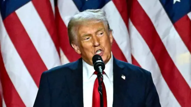 Donald Trump giving a speech in front of US flags