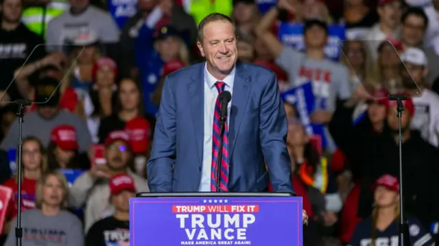 Senator Eric Schmitt, a Republican from Missouri, during a campaign event with former US President Donald Trump, not pictured, at the Fiserv Forum in Milwaukee, Wisconsin, US, on Friday, Nov. 1, 2024