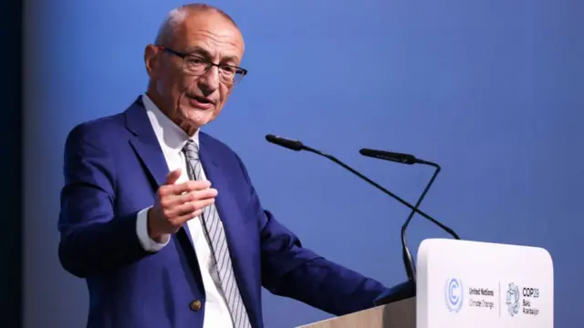 John Podesta, senior advisor to the President for clean energy innovation, speaks during a news conference at the COP29 climate conference in Baku, Azerbaijan, on Monday, Nov. 11, 2024