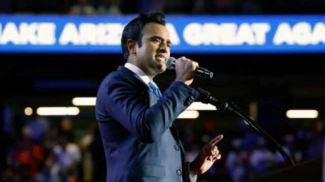 Vivek Ramaswamy speaks at a Trump rally