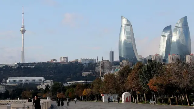 A view of the city center with the Flame Towers, in Baku, Azerbaijan