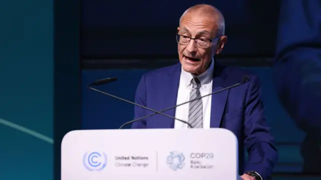 John Podesta, senior advisor to the President for clean energy innovation, speaks during a news conference at the COP29 climate conference in Baku, Azerbaijan, on Monday, Nov. 11, 2024