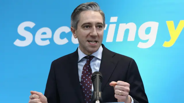 Taoiseach Simon Harris speaking at Fitzwilliam Hall in Dublin at the Fine Gael launch of its plan to cut costs for businesses, ahead of the General Election on November 29