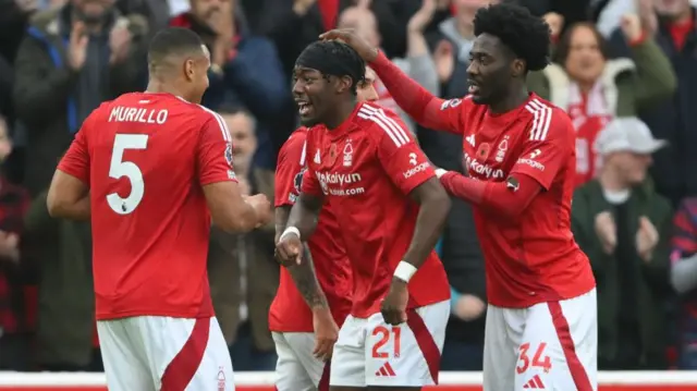 Murillo of Nottingham Forest celebrates with his teammates after scoring