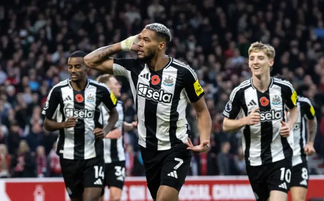 Joelinton celebrates after scoring against Nottingham Forest