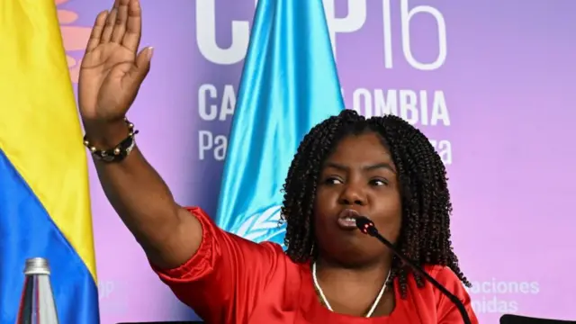 Colombian Vice-President Francia Márquez gestures as she speaks during a press conference at the Blue Zone venue in the COP16 summit in Cali, Colombia, on October 24, 2024.