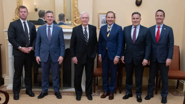 Tim Sheehy, Jim Banks, Mitch McConnell, John Curtis, David McCormick and Bernie Moreno pose for a group photo