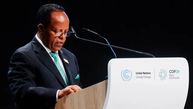 Ethiopia's President Taye Atske-Selassie Amde delivers a statement during the United Nations climate change conference COP29, in Baku, Azerbaijan