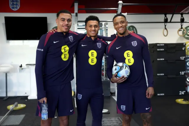 Aston Villa trio Morgan Rogers, Ollie Watkins and Ezri Konsa in England training