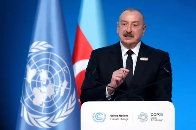 : Azerbaijani President Ilham Aliyev delivers a speech during the opening ceremony of the World Leaders Climate Action Summit on day two of the UNFCCC COP29 Climate Conference at Baku