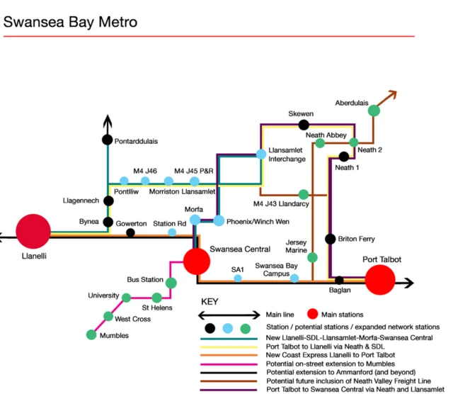 This is an initial outline map on how a metro system around Swansea might look