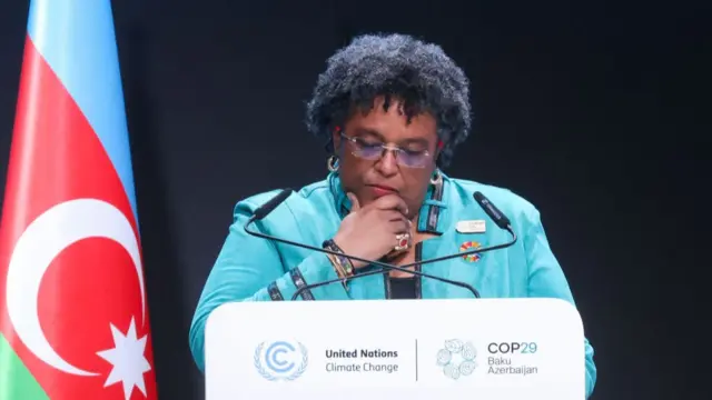 Prime Minister of Barbados Mia Mottley at podium for COP29