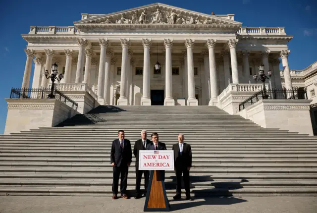 U.S. Speaker of the House Mike Johnson joined by Chair of the National Republican Congressional Committee Rep. Richard Hudson, U.S. House Majority Whip Rep. Tom Emmer and U.S. House Majority Leader Rep. Steve Scalise